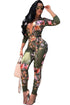 Sexy Deep Cut Floral Print Belt Bodycon Jumpsuit